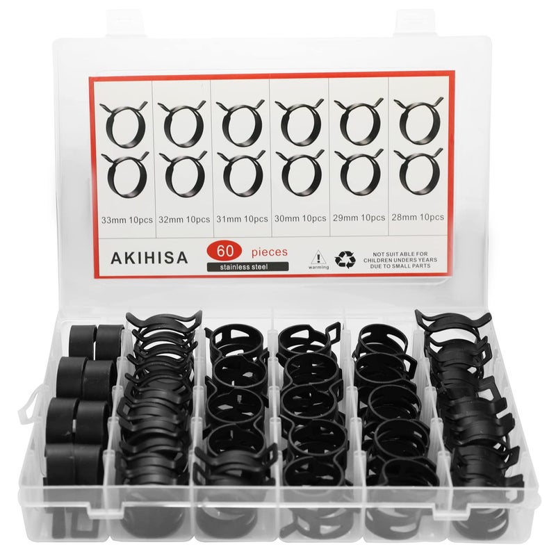 AKIHISA 60 Pcs 28-33mm Spring Hose Clamp, Spring steel 65Mn Fuel Hose Clamp, 6 sizes for Silicone Vacuum Fuel Oil Hose Line Clamps - Image 1